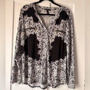 INC International Concepts Black and White Lace-Print V-Neck Blouse